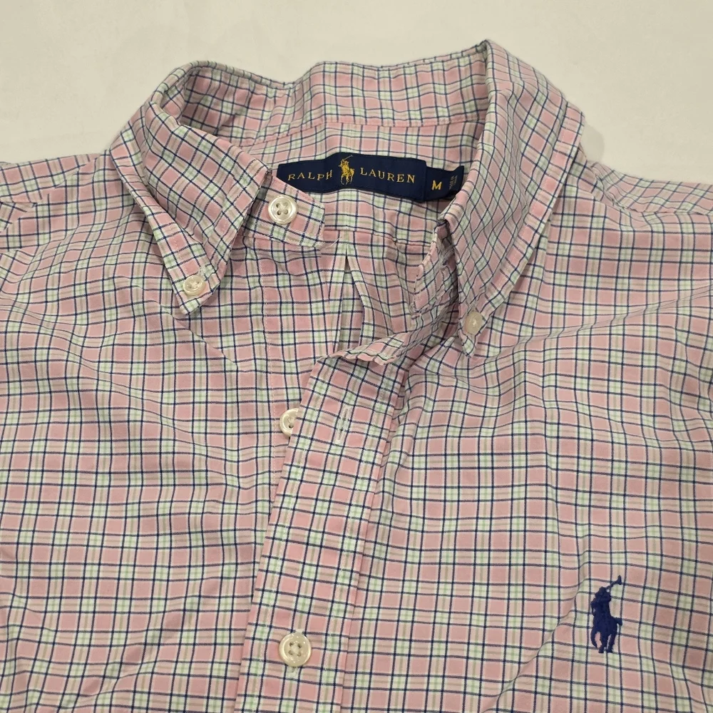 Ralph Lauren Men's Button-Down Short Sleeve Shirt M Pink Green White Check